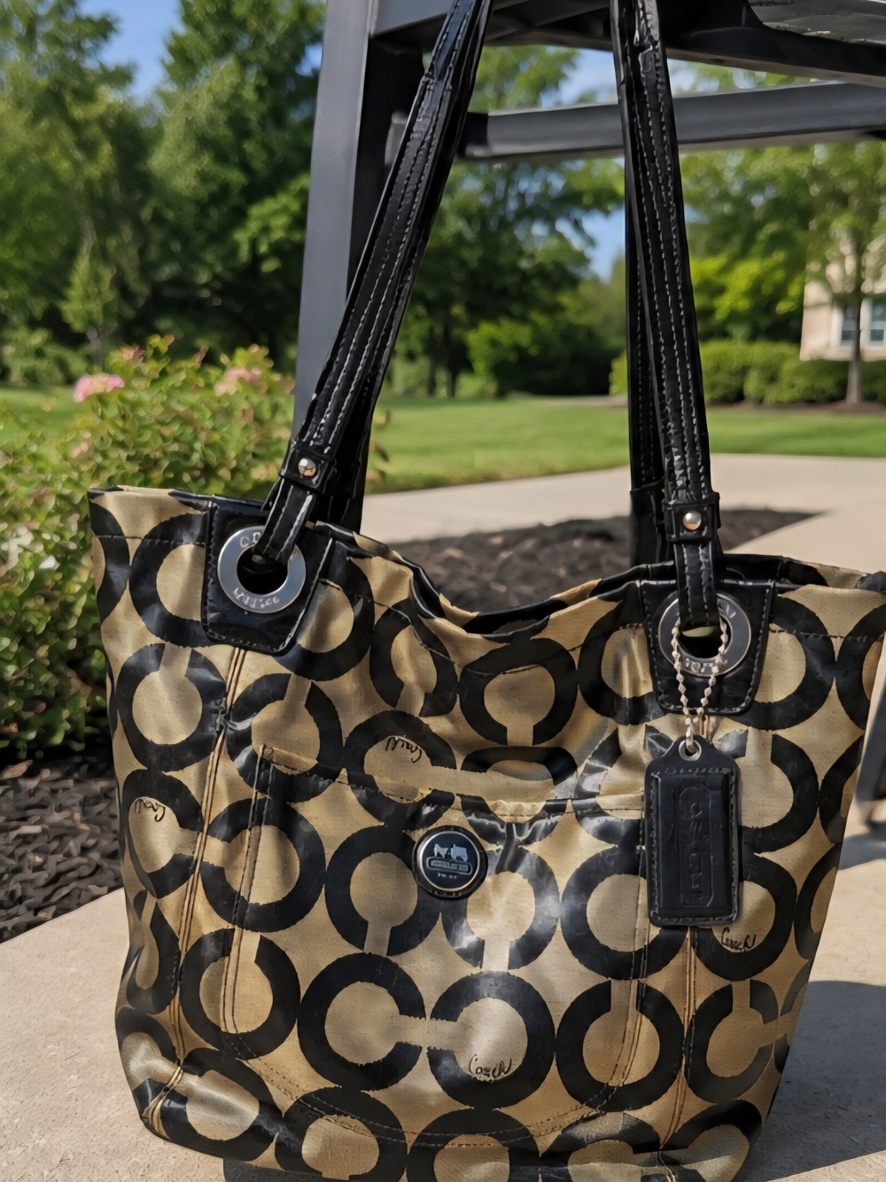 Coach Black & Gold Signature Circle Tote with Patent Trim